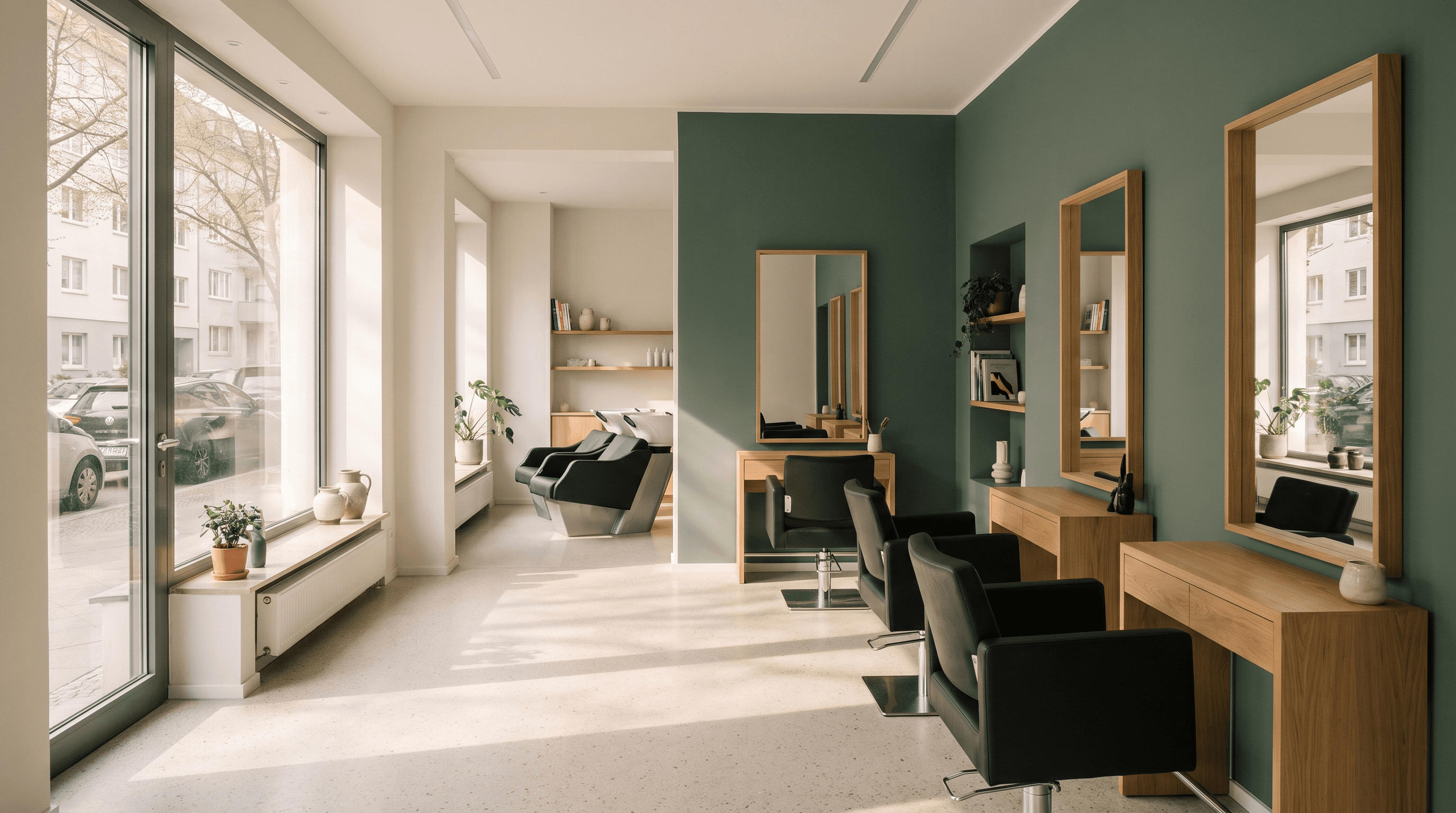 Heller Friseursalon mit Stylingplätzen, Spiegeln in Eichenrahmen und einer grünen Wand