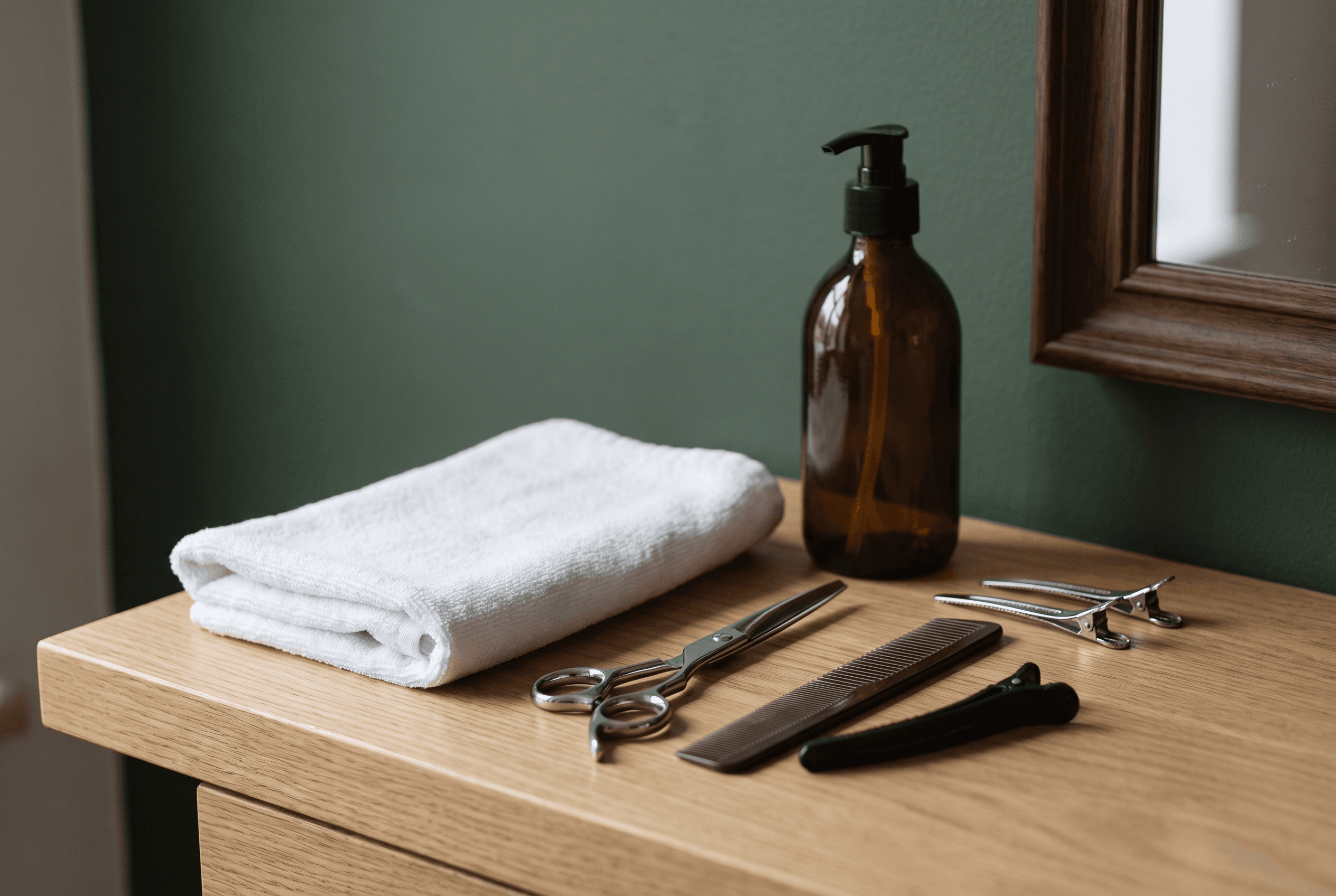Aufgeräumter Friseurplatz mit Schere, Kamm, Klammern und Handtuch auf Eichenholz